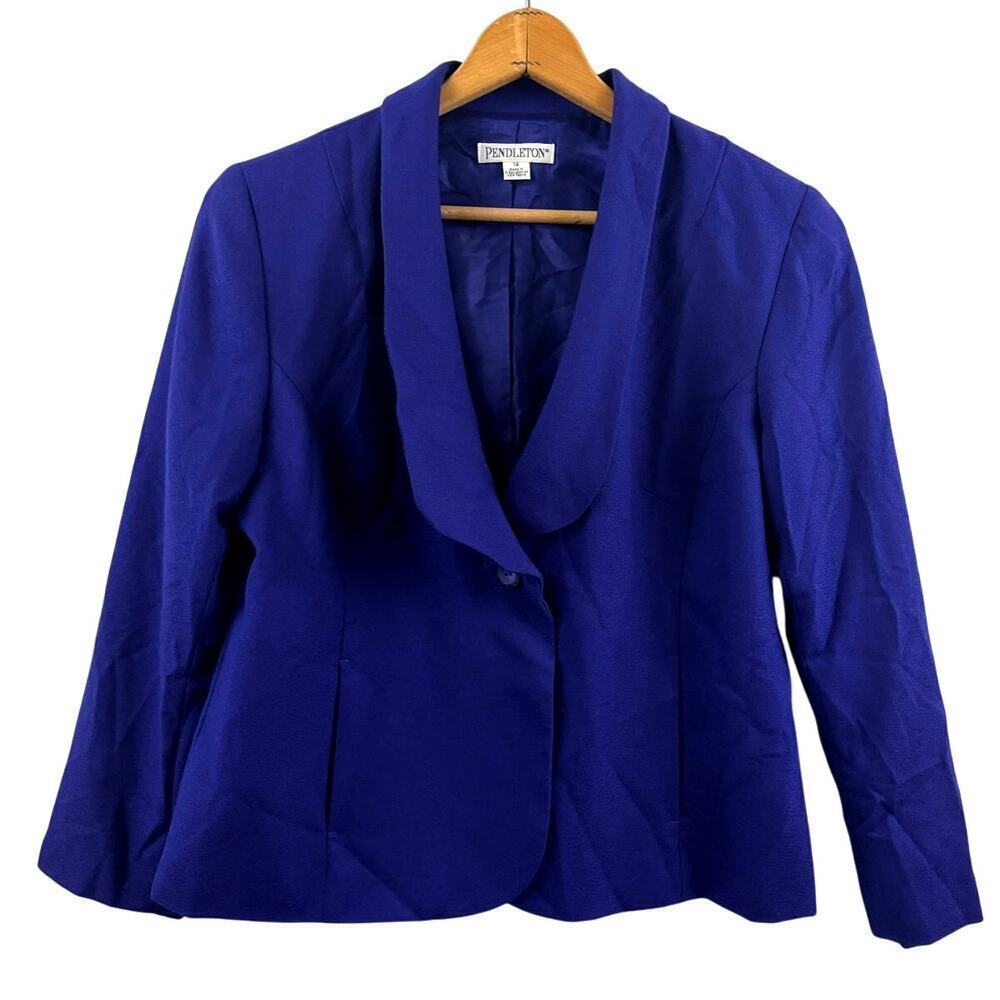 VTG 1990s Pendleton Wool Blazer Jacket One-Button Classic Blue Made in USA sz 14
